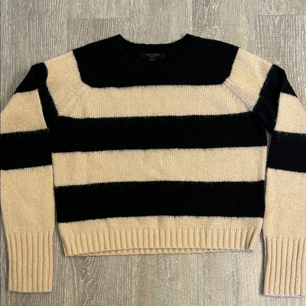 All Saints Black and Cream Striped Crew Neck Sweater